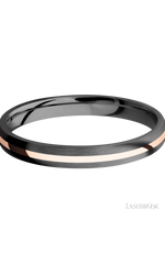 3 mm wide/Domed/Zirconium band with one 1 mm Centered inlay of 14K Rose Gold.