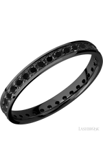 3 mm wide/Flat/Zirconium band with an Eternity arrangement of .03 carat Round Black Diamond stones in a Bead setting.