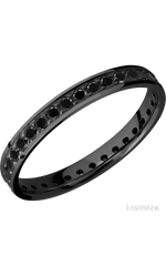3 mm wide/Flat/Zirconium band with an Eternity arrangement of .03 carat Round Black Diamond stones in a Bead setting.