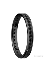 3 mm wide/Flat/Zirconium band with an Eternity arrangement of .03 carat Round Black Diamond stones in a Bead setting.