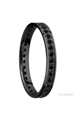 3 mm wide/Flat/Zirconium band with an Eternity arrangement of .03 carat Round Black Diamond stones in a Bead setting.