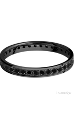 3 mm wide/Flat/Zirconium band with an Eternity arrangement of .03 carat Round Black Diamond stones in a Bead setting.