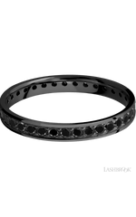 3 mm wide/Flat/Zirconium band with an Eternity arrangement of .03 carat Round Black Diamond stones in a Bead setting.