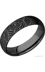 6 mm wide/Domed/Zirconium band with a laser carved Twisted Leaf pattern.