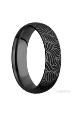 6 mm wide/Domed/Zirconium band with a laser carved Twisted Leaf pattern.