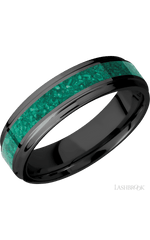 6 mm wide/Flat Grooved Edges/Zirconium band with one 3 mm Centered inlay of Malachite.