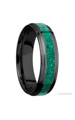 6 mm wide/Flat Grooved Edges/Zirconium band with one 3 mm Centered inlay of Malachite.