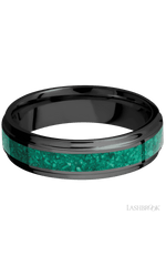 6 mm wide/Flat Grooved Edges/Zirconium band with one 3 mm Centered inlay of Malachite.