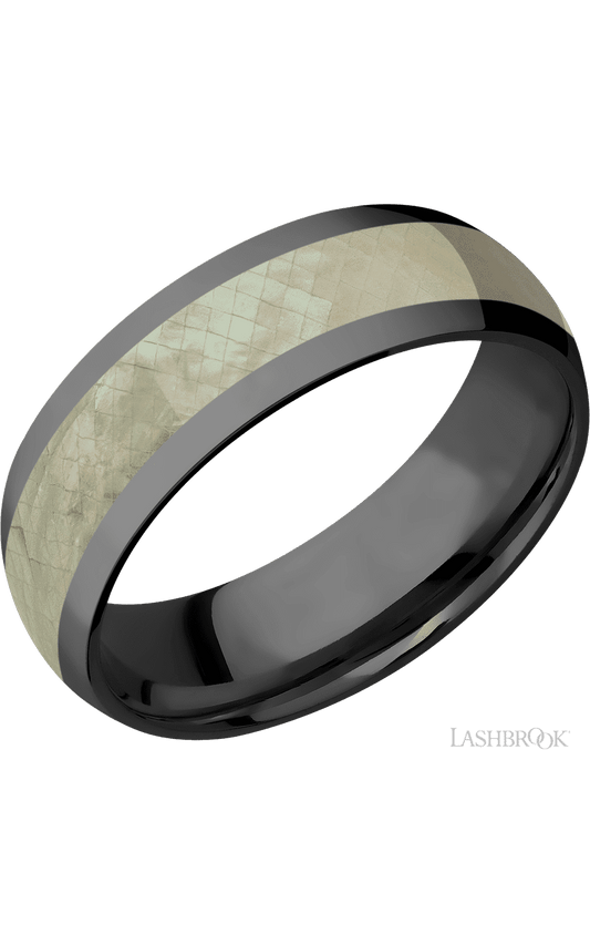 7 mm wide/Domed/Zirconium band with one 4 mm Centered inlay of Freshwater Mother of Pearl.