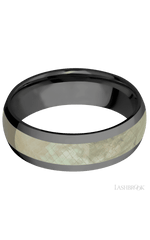 7 mm wide/Domed/Zirconium band with one 4 mm Centered inlay of Freshwater Mother of Pearl.