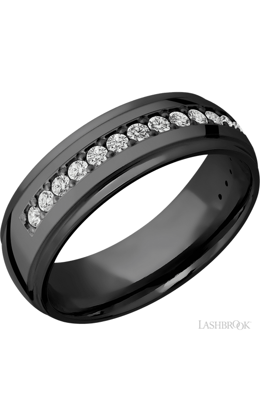 7 mm wide/Domed Stepped Down Edges/Zirconium band with a Half Eternity arrangement of .03 carat Round Diamond stones in a Bead setting.