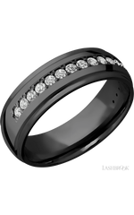7 mm wide/Domed Stepped Down Edges/Zirconium band with a Half Eternity arrangement of .03 carat Round Diamond stones in a Bead setting.