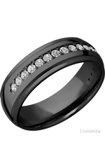 7 mm wide/Domed Stepped Down Edges/Zirconium band with a Half Eternity arrangement of .03 carat Round Diamond stones in a Bead setting.