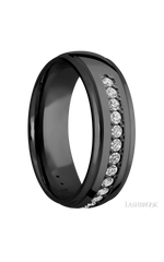 7 mm wide/Domed Stepped Down Edges/Zirconium band with a Half Eternity arrangement of .03 carat Round Diamond stones in a Bead setting.