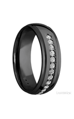 7 mm wide/Domed Stepped Down Edges/Zirconium band with a Half Eternity arrangement of .03 carat Round Diamond stones in a Bead setting.