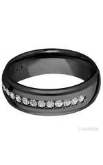 7 mm wide/Domed Stepped Down Edges/Zirconium band with a Half Eternity arrangement of .03 carat Round Diamond stones in a Bead setting.