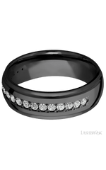 7 mm wide/Domed Stepped Down Edges/Zirconium band with a Half Eternity arrangement of .03 carat Round Diamond stones in a Bead setting.