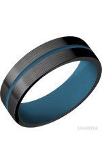 7 mm wide/Flat/Zirconium band with one 1 mm Centered inlay of Royal Blue also featuring a Royal Blue sleeve.