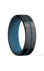 7 mm wide/Flat/Zirconium band with one 1 mm Centered inlay of Royal Blue also featuring a Royal Blue sleeve.