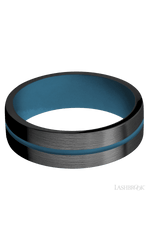 7 mm wide/Flat/Zirconium band with one 1 mm Centered inlay of Royal Blue also featuring a Royal Blue sleeve.