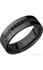 7 mm wide/Flat/Zirconium band with a Half Eternity arrangement of .03 carat Round Black Diamond stones in a Bead setting.