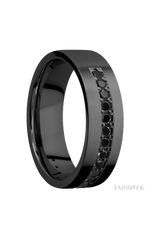 7 mm wide/Flat/Zirconium band with a Half Eternity arrangement of .03 carat Round Black Diamond stones in a Bead setting.