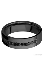 7 mm wide/Flat/Zirconium band with a Half Eternity arrangement of .03 carat Round Black Diamond stones in a Bead setting.