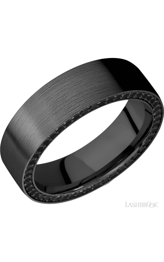 7 mm wide/Flat/Zirconium band with a Side Eternity arrangement of .01 carat Round Black Diamond stones in a Bead setting.