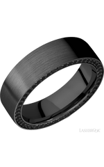 7 mm wide/Flat/Zirconium band with a Side Eternity arrangement of .01 carat Round Black Diamond stones in a Bead setting.