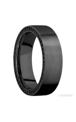 7 mm wide/Flat/Zirconium band with a Side Eternity arrangement of .01 carat Round Black Diamond stones in a Bead setting.