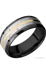 8 mm wide/Beveled/Zirconium band featuring inlays of Meteorite and 14K Yellow Gold.