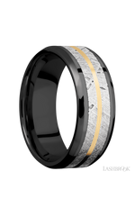 8 mm wide/Beveled/Zirconium band featuring inlays of Meteorite and 14K Yellow Gold.