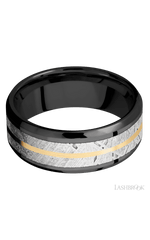 8 mm wide/Beveled/Zirconium band featuring inlays of Meteorite and 14K Yellow Gold.