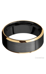 8 mm wide/Beveled/Zirconium band with two 1 mm Edge inlays of 14K Yellow Gold.