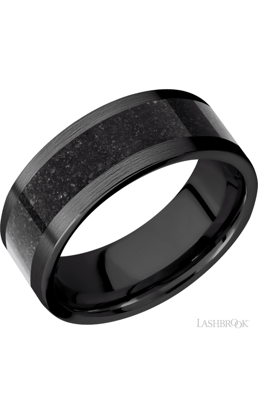 8 mm wide/Flat/Zirconium band with one 5 mm Centered inlay of Dinosaur Bone Black.