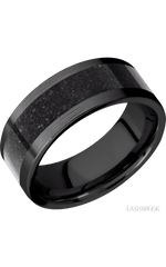 8 mm wide/Flat/Zirconium band with one 5 mm Centered inlay of Dinosaur Bone Black.