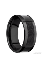 8 mm wide/Flat/Zirconium band with one 5 mm Centered inlay of Dinosaur Bone Black.