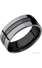 8 mm wide/Flat/Zirconium band with two 3 mm Double Off Center Edge inlays of Tantalum.