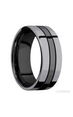 8 mm wide/Flat/Zirconium band with two 3 mm Double Off Center Edge inlays of Tantalum.