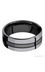 8 mm wide/Flat/Zirconium band with two 3 mm Double Off Center Edge inlays of Tantalum.