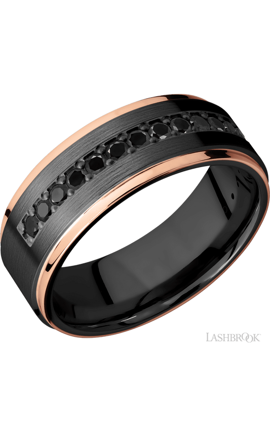 8 mm wide/Flat Grooved Edges/Zirconium band with a Half Eternity arrangement of .03 carat Round Black Diamond stones in a Bead setting and featuring two 1 mm Edge inlays of 14K Rose Gold
