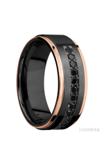 8 mm wide/Flat Grooved Edges/Zirconium band with a Half Eternity arrangement of .03 carat Round Black Diamond stones in a Bead setting and featuring two 1 mm Edge inlays of 14K Rose Gold
