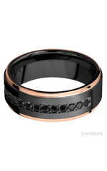 8 mm wide/Flat Grooved Edges/Zirconium band with a Half Eternity arrangement of .03 carat Round Black Diamond stones in a Bead setting and featuring two 1 mm Edge inlays of 14K Rose Gold