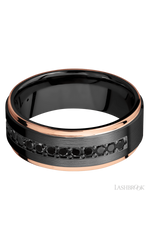 8 mm wide/Flat Grooved Edges/Zirconium band with a Half Eternity arrangement of .03 carat Round Black Diamond stones in a Bead setting and featuring two 1 mm Edge inlays of 14K Rose Gold