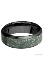 8 mm wide/High Bevel/Zirconium band with one 5 mm Centered inlay of Ocean Jasper.