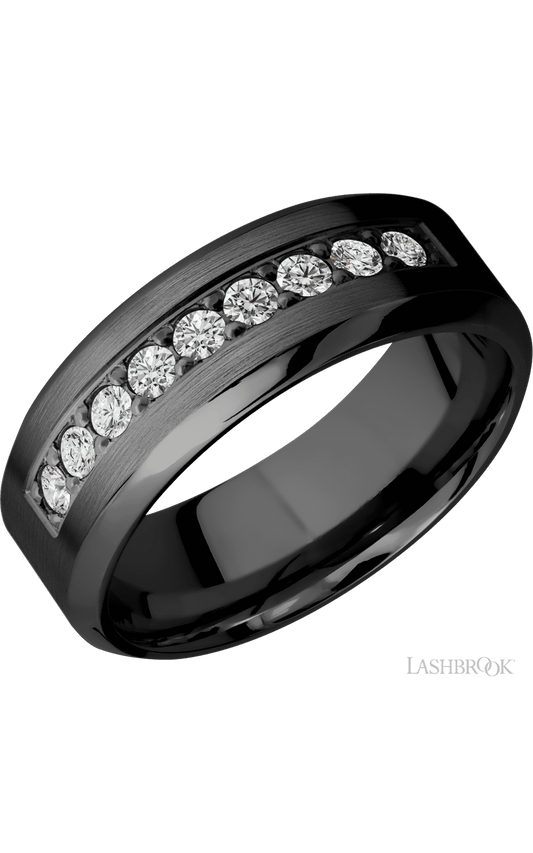 8 mm wide/High Bevel/Zirconium band with an arrangement of 9, .05 carat Round Diamond stones in a Bead setting.
