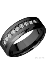 8 mm wide/High Bevel/Zirconium band with an arrangement of 9, .05 carat Round Diamond stones in a Bead setting.