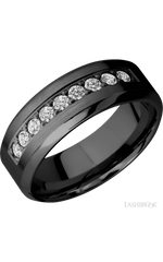 8 mm wide/High Bevel/Zirconium band with an arrangement of 9, .05 carat Round Diamond stones in a Bead setting.