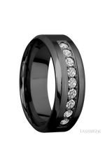 8 mm wide/High Bevel/Zirconium band with an arrangement of 9, .05 carat Round Diamond stones in a Bead setting.