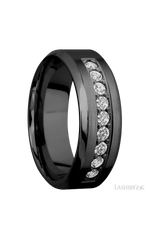 8 mm wide/High Bevel/Zirconium band with an arrangement of 9, .05 carat Round Diamond stones in a Bead setting.